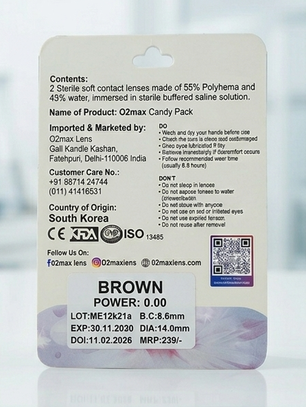 O2 Max Brown Contact Lenses (0.00 Power) | Natural Brown Color Eye Lenses | Candy Pack