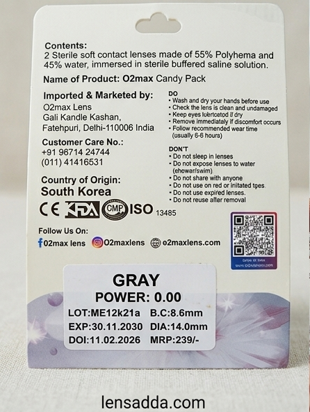O2max Gray Contact Lenses – Natural Look & All-Day Comfort (1 Pair)