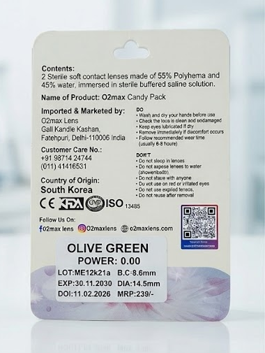 O2 Max Olive Green Contact Lenses (0.00 Power) | Natural Color Eye Lenses | Candy Pack