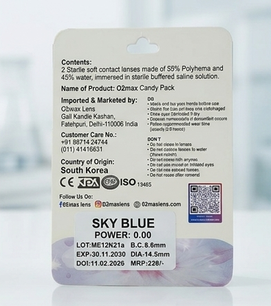 O2 Max Sky Blue Contact Lenses (0.00 Power) | Natural Blue Color Eye Lenses | Candy Pack