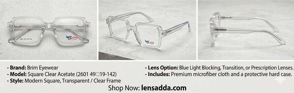 Brim Transparent Square Eyeglasses Frame for Men & Women | Crystal Clear Large Size Frame | Premium Unisex Eyewear