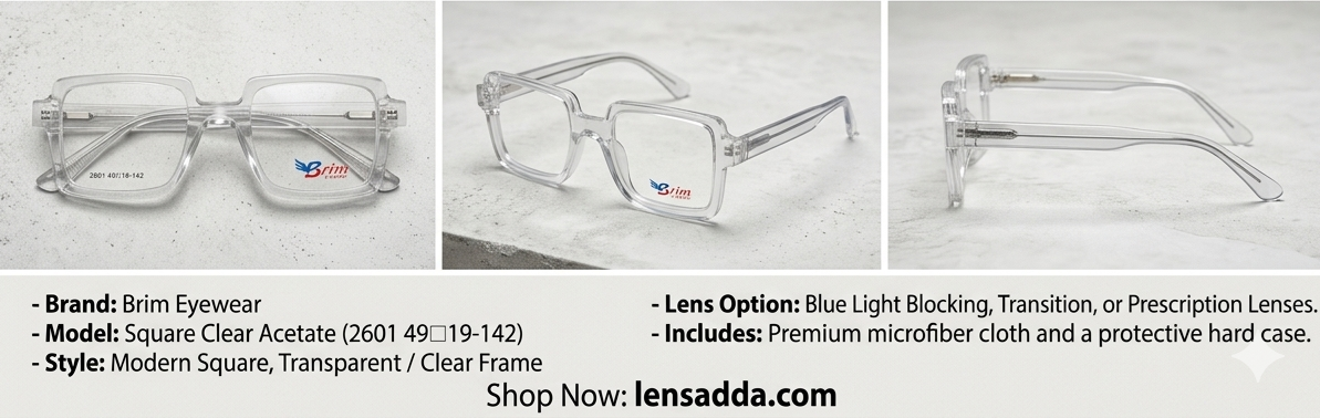 Brim Transparent Square Eyeglasses Frame for Men & Women | Crystal Clear Large Size Frame | Premium Unisex Eyewear
