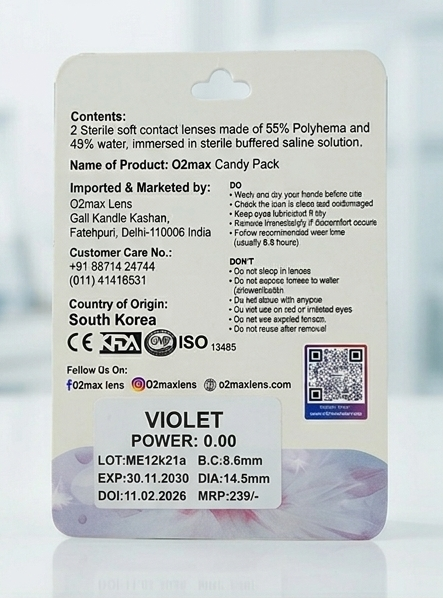 O2 Max Violet Contact Lenses (0.00 Power) | Stylish Purple Color Eye Lenses | Candy Pack