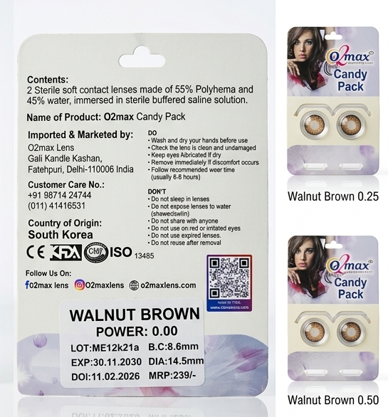 O2 Max Walnut Brown Contact Lenses (0.00 Power) | Premium Light Brown Eye Lenses | Candy Pack